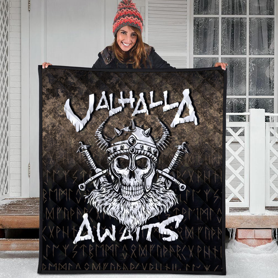 Ligerking Quilt - Valhalla Awaits Viking Skull Warrior Axe Quilt A7