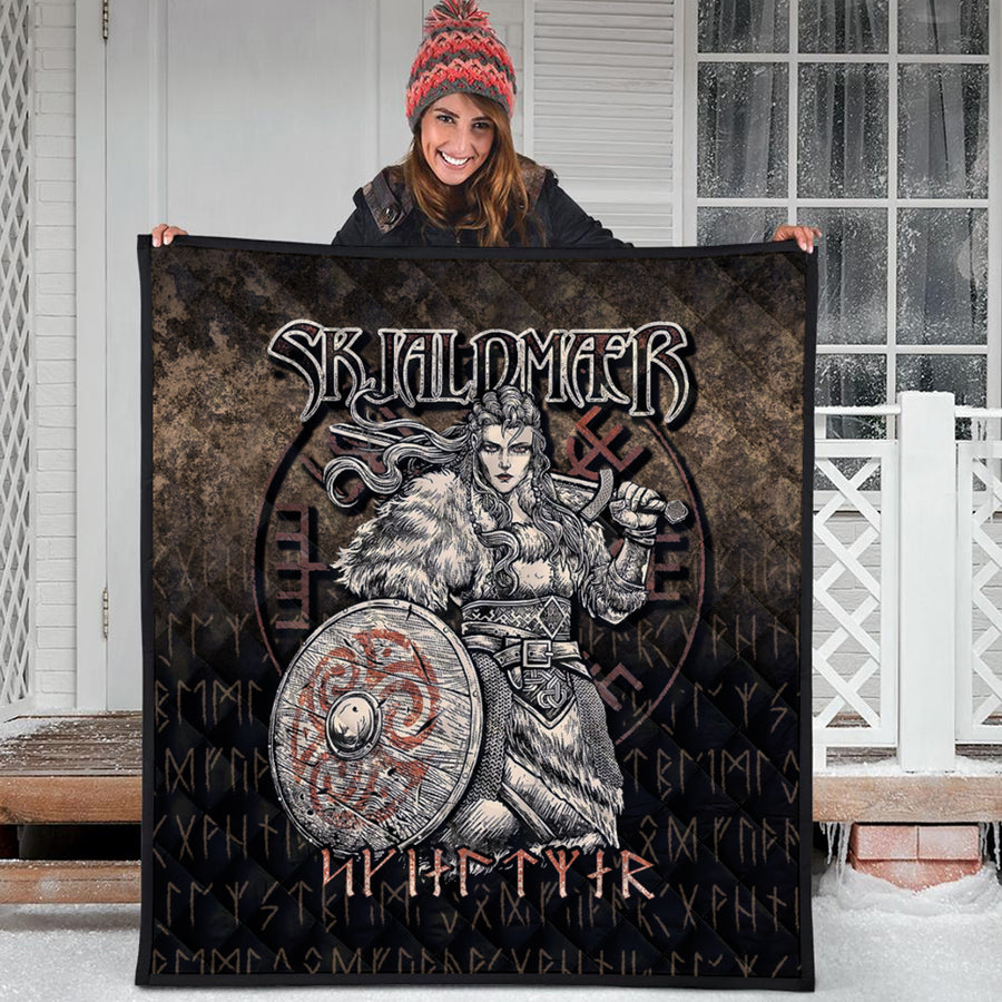 Ligerking Quilt - Skjaldmaer Shieldmaiden Norse Younger Futhark Runes Female Viking Warrior Vegvisir Quilt A7