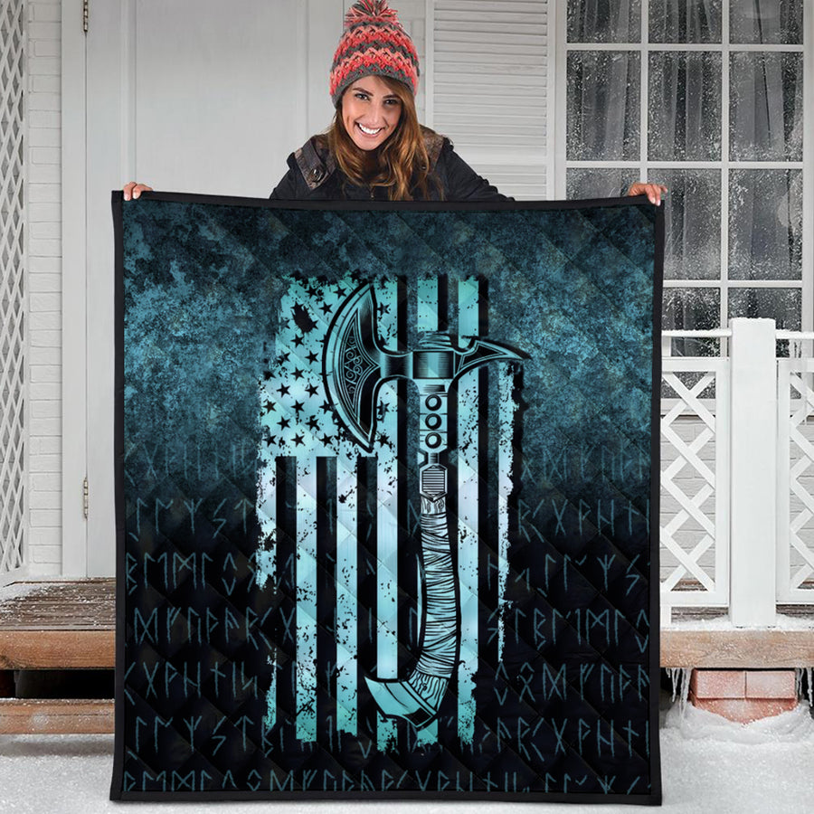 Ligerking Quilt - USA Flag Viking Cool American Norsemen - Cyan Version Quilt A7