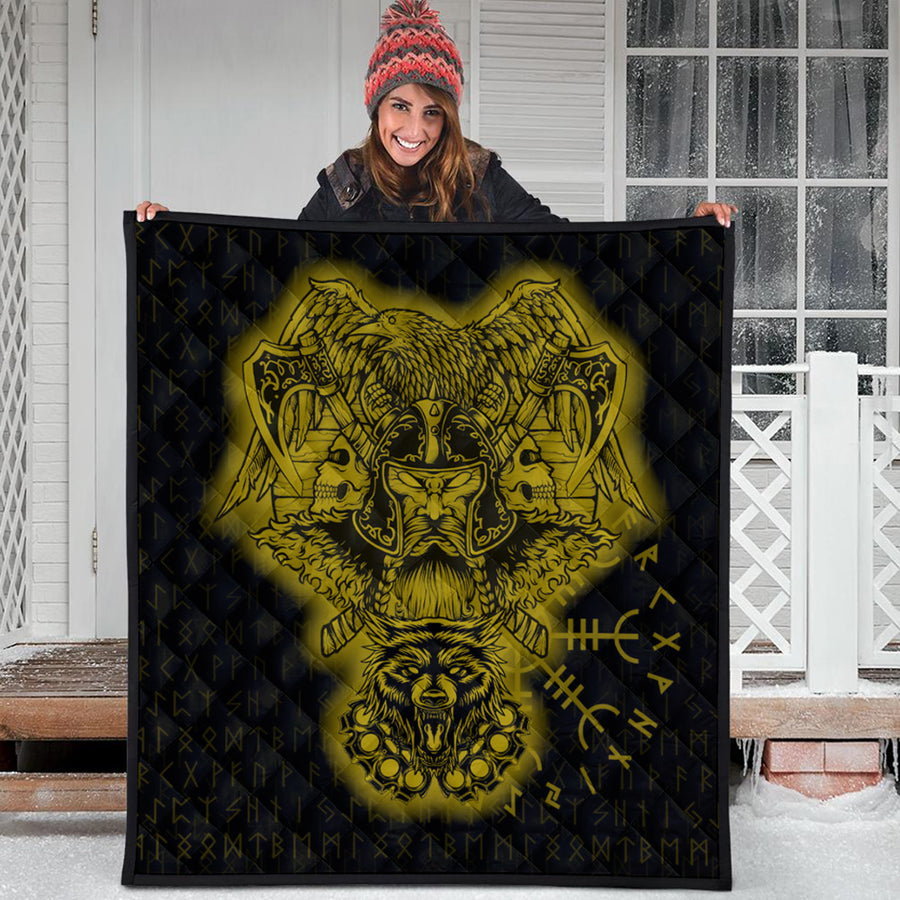 Ligerking Quilt -Odin And Raven Wolf Gold Viking Homeset Quilt A95