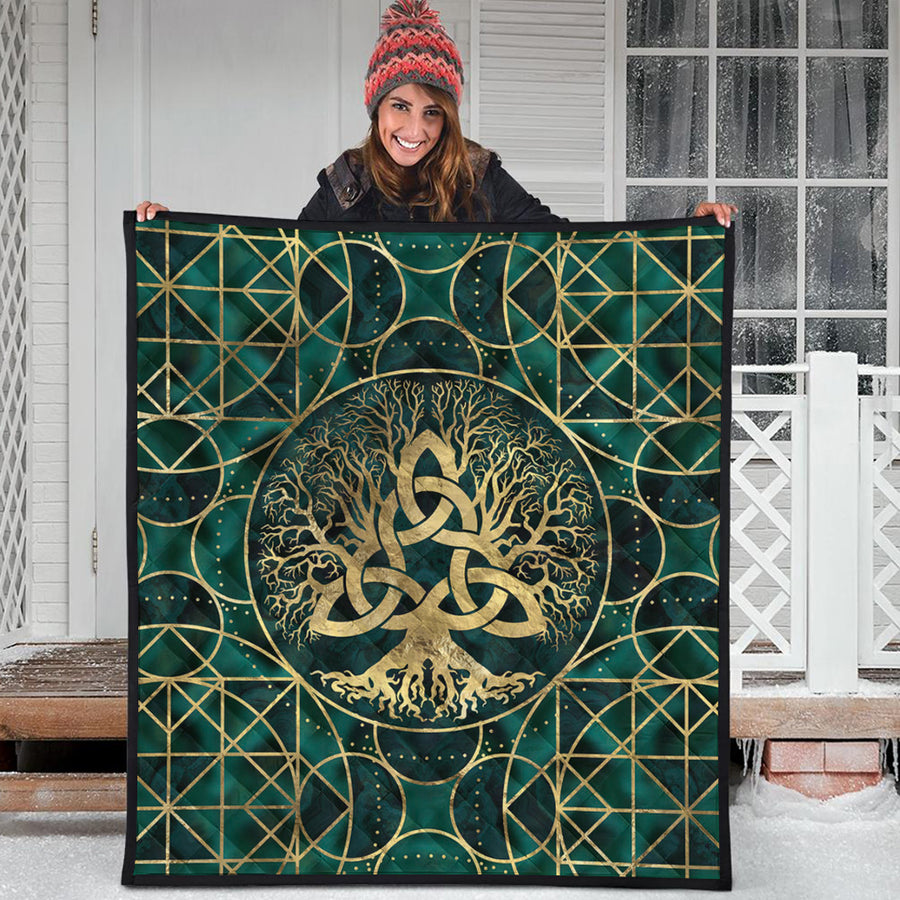 Ligerking Quilt - Tree of Life with Triquetra Malachite and Gold Quilt A7