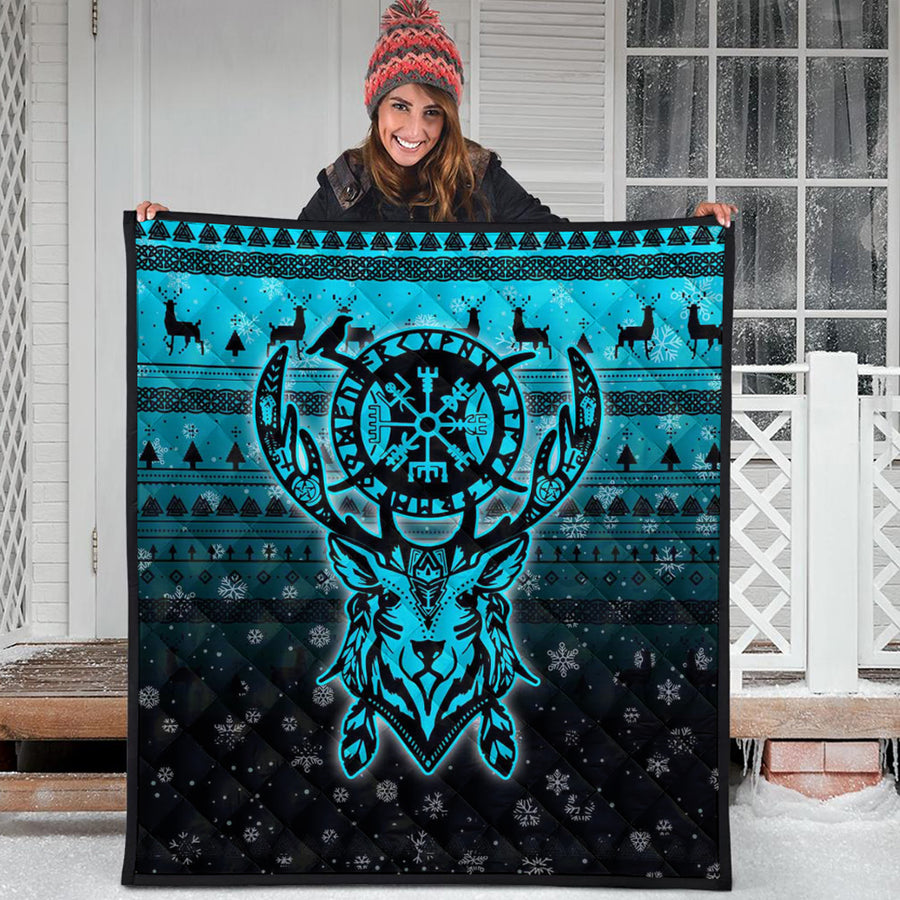 Ligerking Quilt -Viking Reindeer Vegvisir Cyan Quilt A94