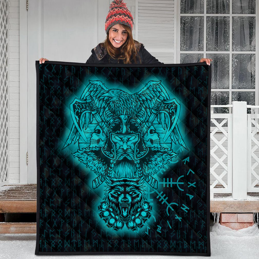 Ligerking Quilt -Odin And Raven Wolf Turquoise Viking Homeset Quilt A95