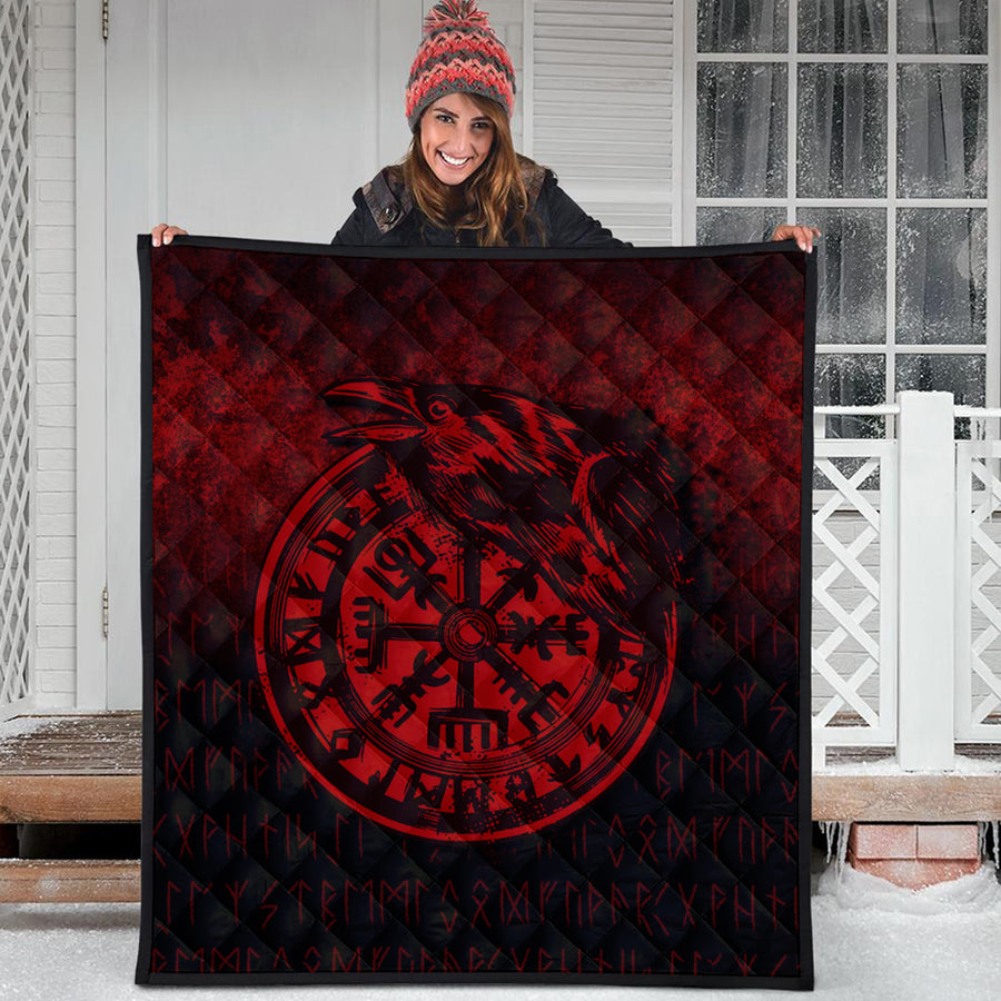 Ligerking Quilt - Viking Vegvisir Rune with Crow - Red Version Quilt A7