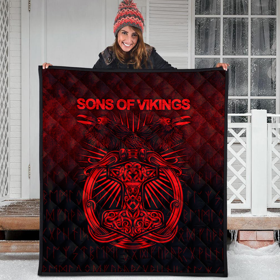 Ligerking Quilt - Vikings Ravens Mjolnir - Red Version Quilt A7