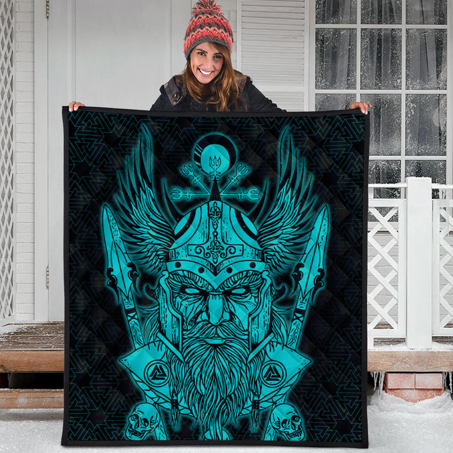 Ligerking Quilt -Odin And Raven Turquoise Text Viking Homeset Quilt A95
