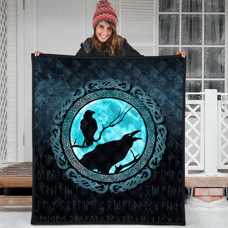 Ligerking Quilt - Vikings Huginn Muninn Odinâ€™s Ravens - Cyan Version Quilt A7