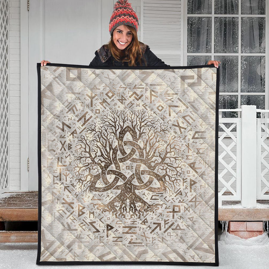Ligerking Quilt - Tree of Life with Triquetra and Futhark Pastel Gold Quilt A7