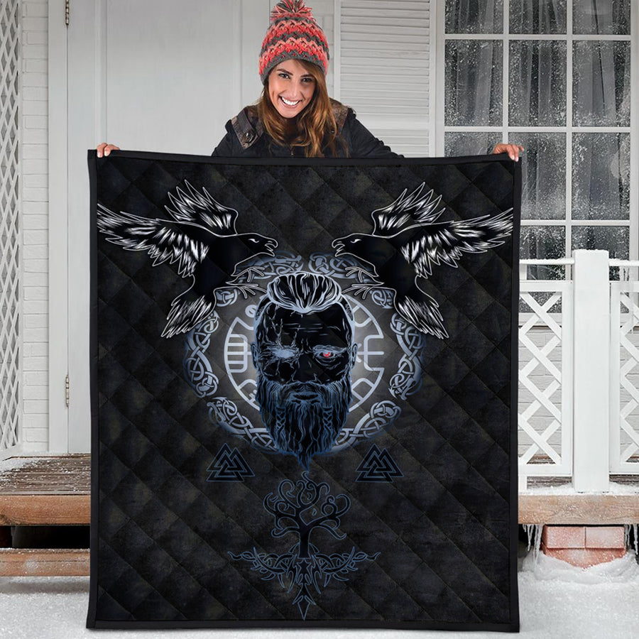 Ligerking Quilt - Odin Hugin and Munin Valknut Yggdrasil White Rune Quilt A35