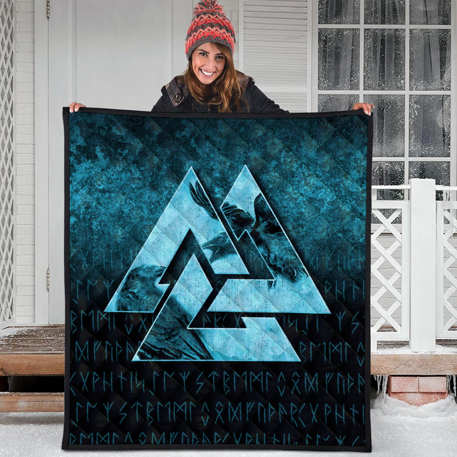 Ligerking Quilt - Huginn Muninn Ravens from Odin Viking - Cyan Version Quilt A7