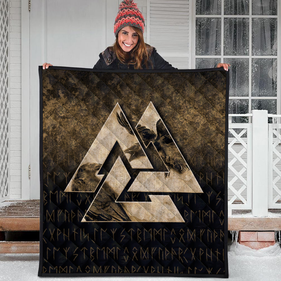 Ligerking Quilt - Huginn Muninn Ravens from Odin Viking - Gold Version Quilt A7