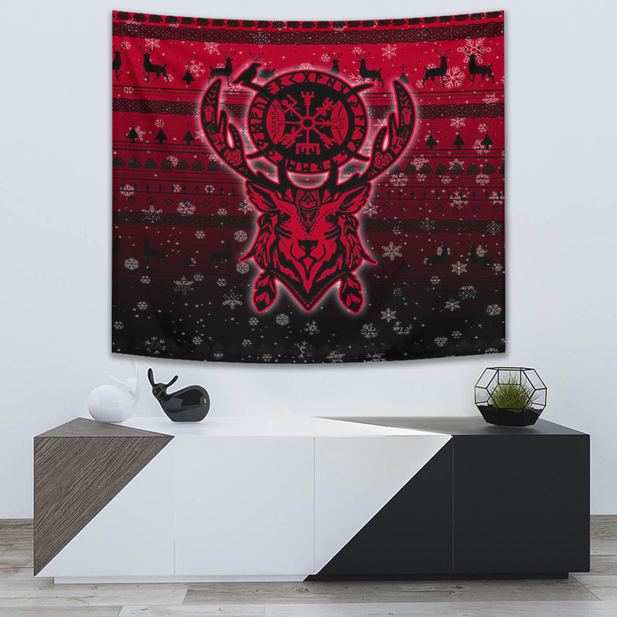 Ligerking Tapestry -Viking Reindeer Vegvisir Red Tapestry A94