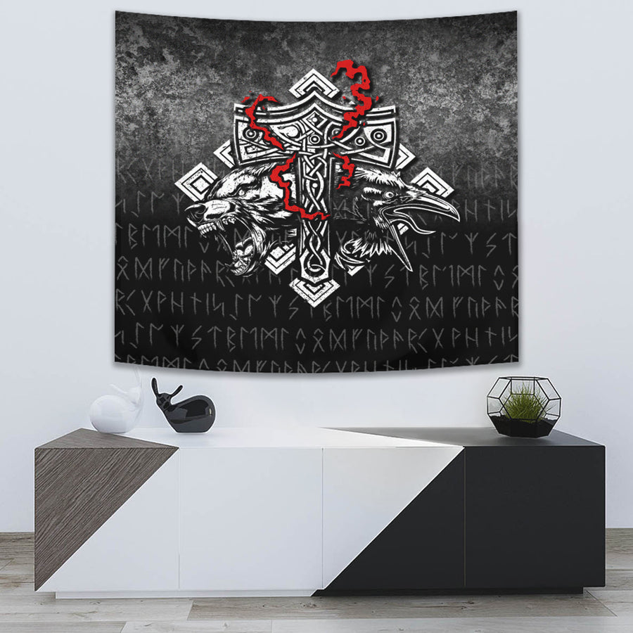 Ligerking Tapestry -Thor-Hammer-Mjolnir-Rune-Protection-Odin-Raven-Viking Tapestry A7