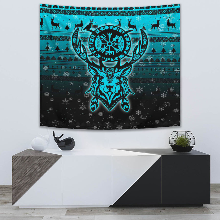 Ligerking Tapestry -Viking Reindeer Vegvisir Cyan Tapestry A94