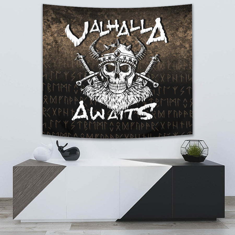 Ligerking Tapestry - Valhalla Awaits Viking Skull Warrior Axe Tapestry A7