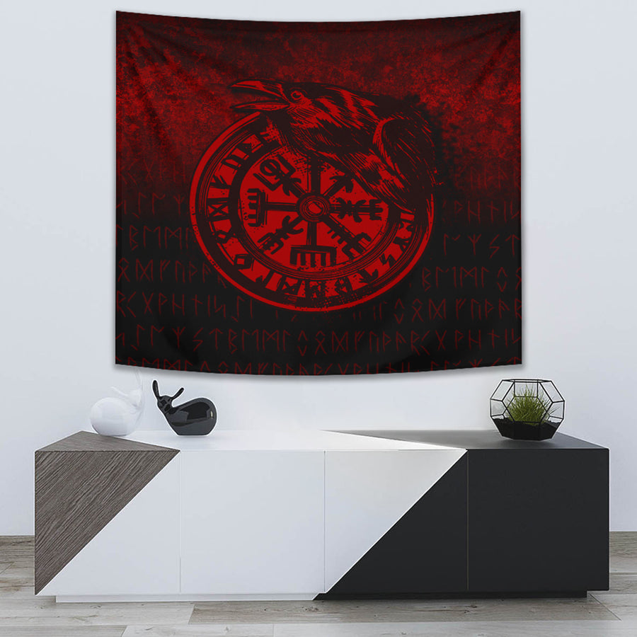 Ligerking Tapestry - Viking Vegvisir Rune with Crow - Red Version Tapestry A7