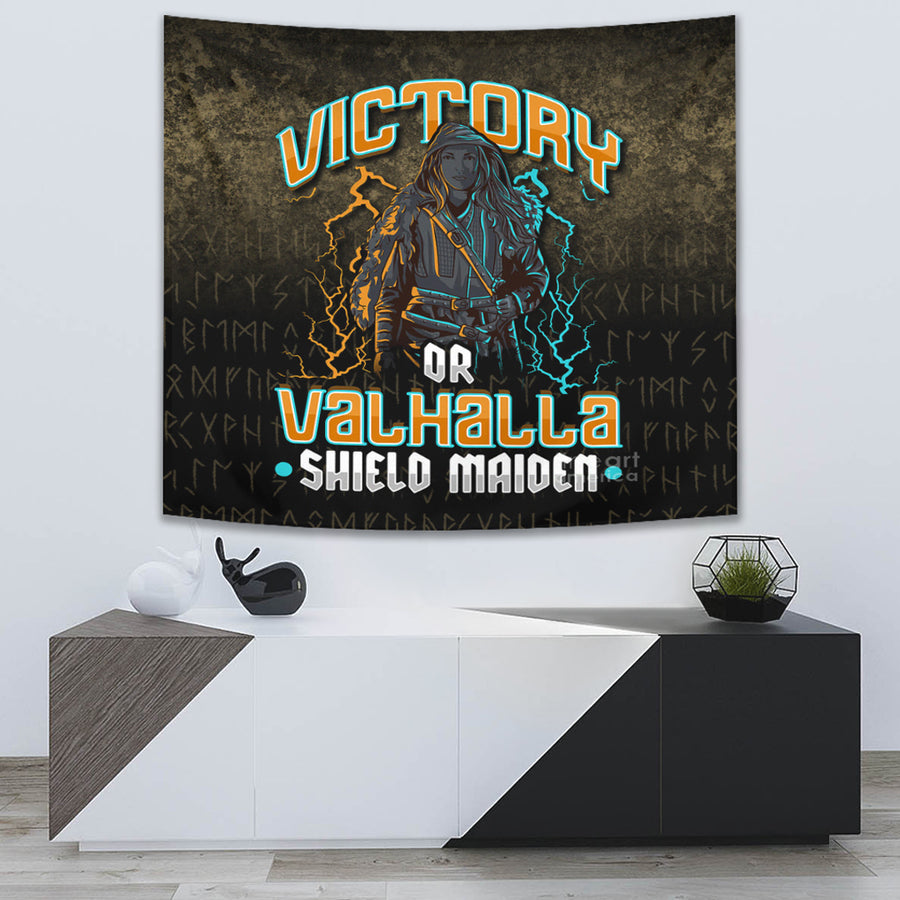 Ligerking Tapestry -Victory Or Valhalla Shield Maiden Female Viking Tapestry A7