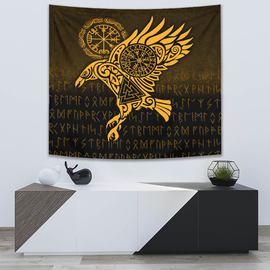 Ligerking Tapestry - Raven Vegvisir Tattoo - Gold Version Tapestry A7