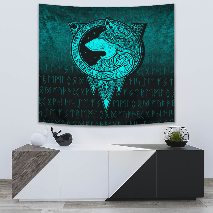 Ligerking Tapestry - Viking Norse Wolf - Cyan Version Tapestry A7