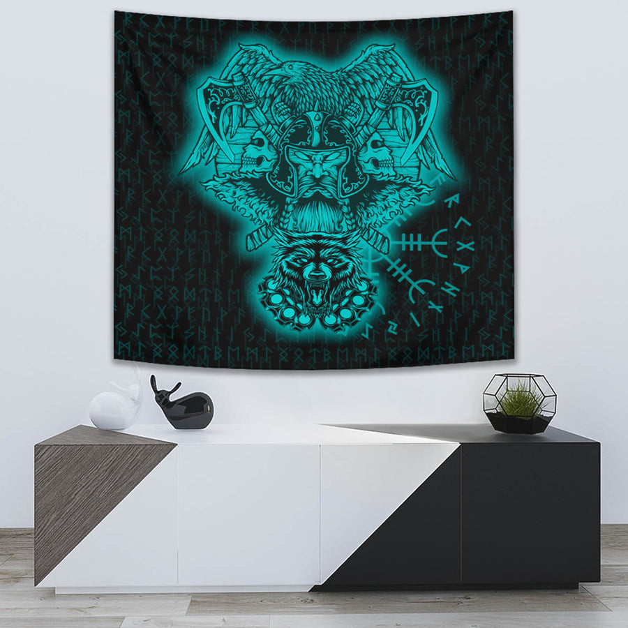 Ligerking Tapestry -Odin And Raven Wolf Turquoise Viking Homeset Tapestry A95
