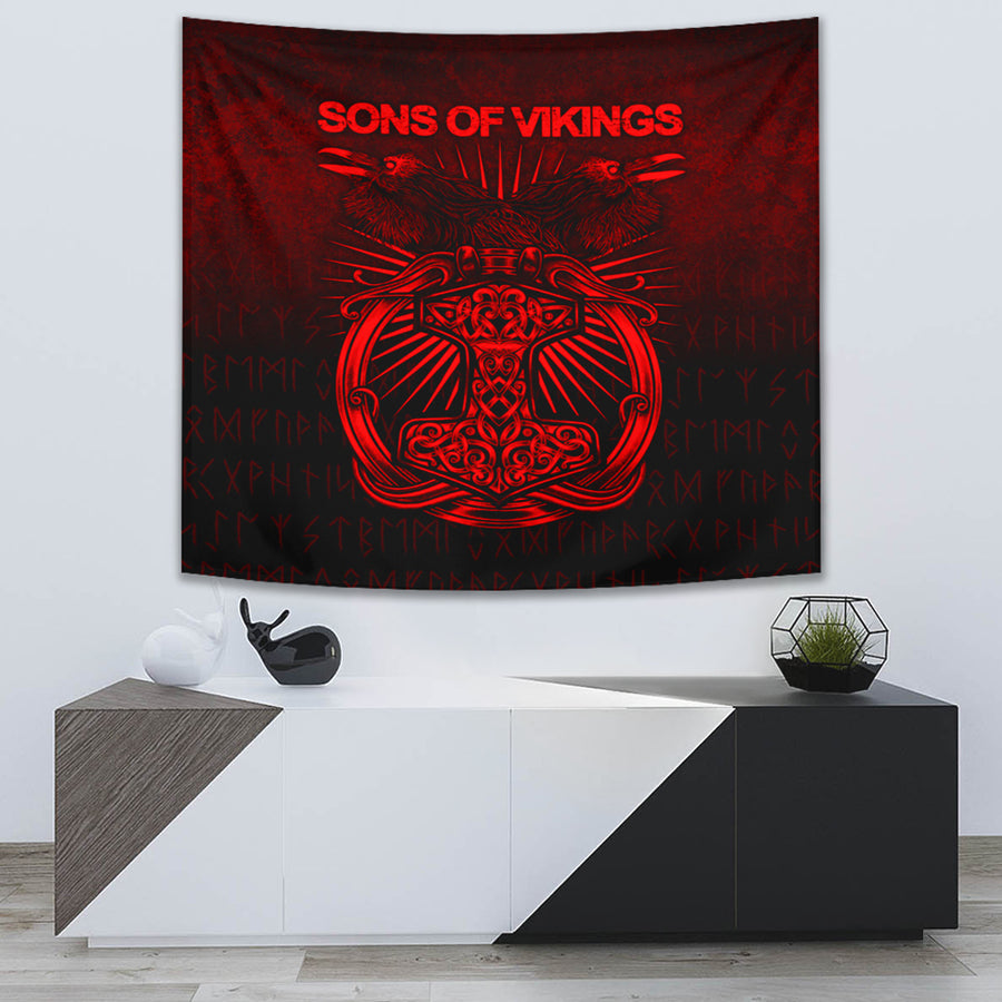 Ligerking Tapestry - Vikings Ravens Mjolnir - Red Version Tapestry A7