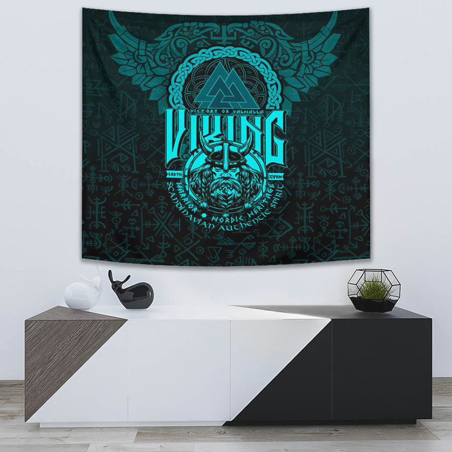 Ligerking Tapestry -Viking Warriors Valknut Cyan Tapestry A94