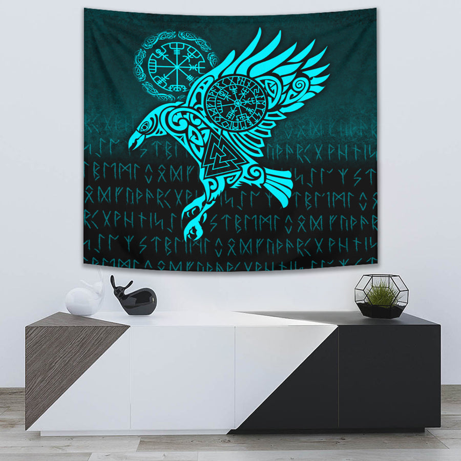 Ligerking Tapestry - Raven Vegvisir Tattoo - Cyan Version Tapestry A7