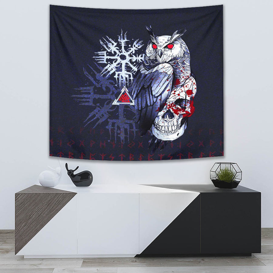 Ligerking Tapestry -Viking Owl Skull Blood Blue Style Tapestry A94