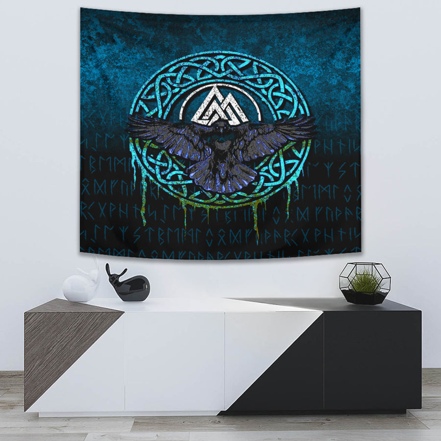 Ligerking Tapestry - Valhalla Norse Mythology Raven Black Crow Viking - Cyan Version Tapestry A7