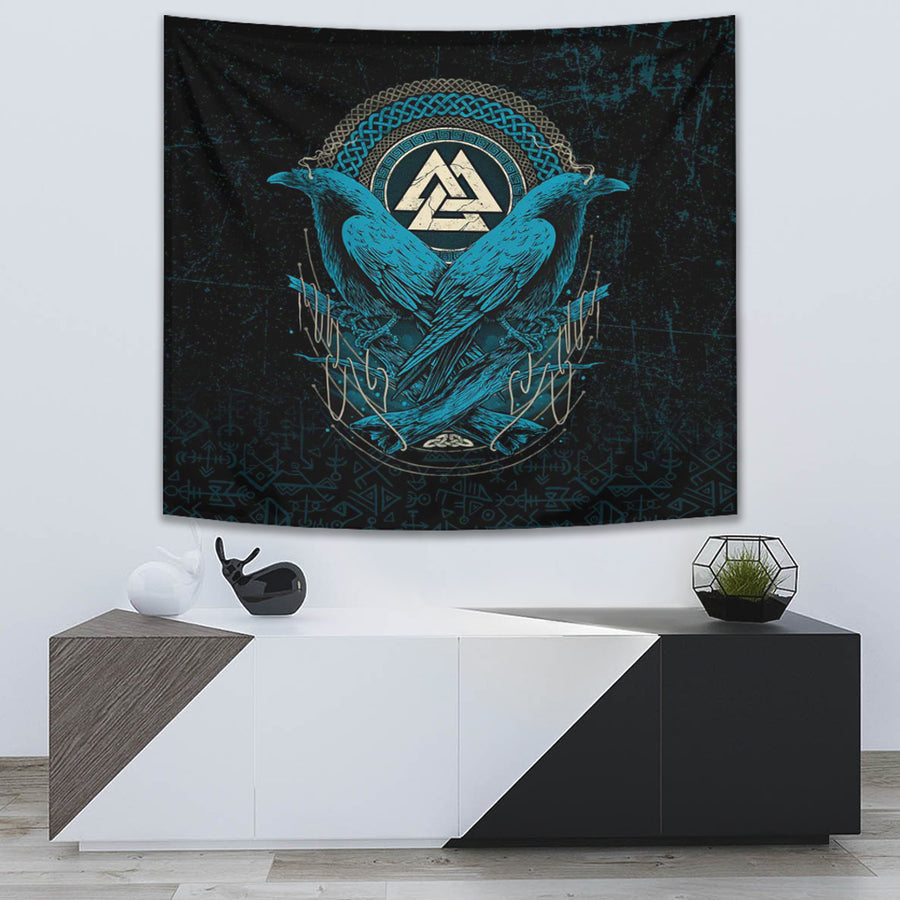 Ligerking Tapestry - Huginn and Muninn Valknut Cyan Style Tapestry A35