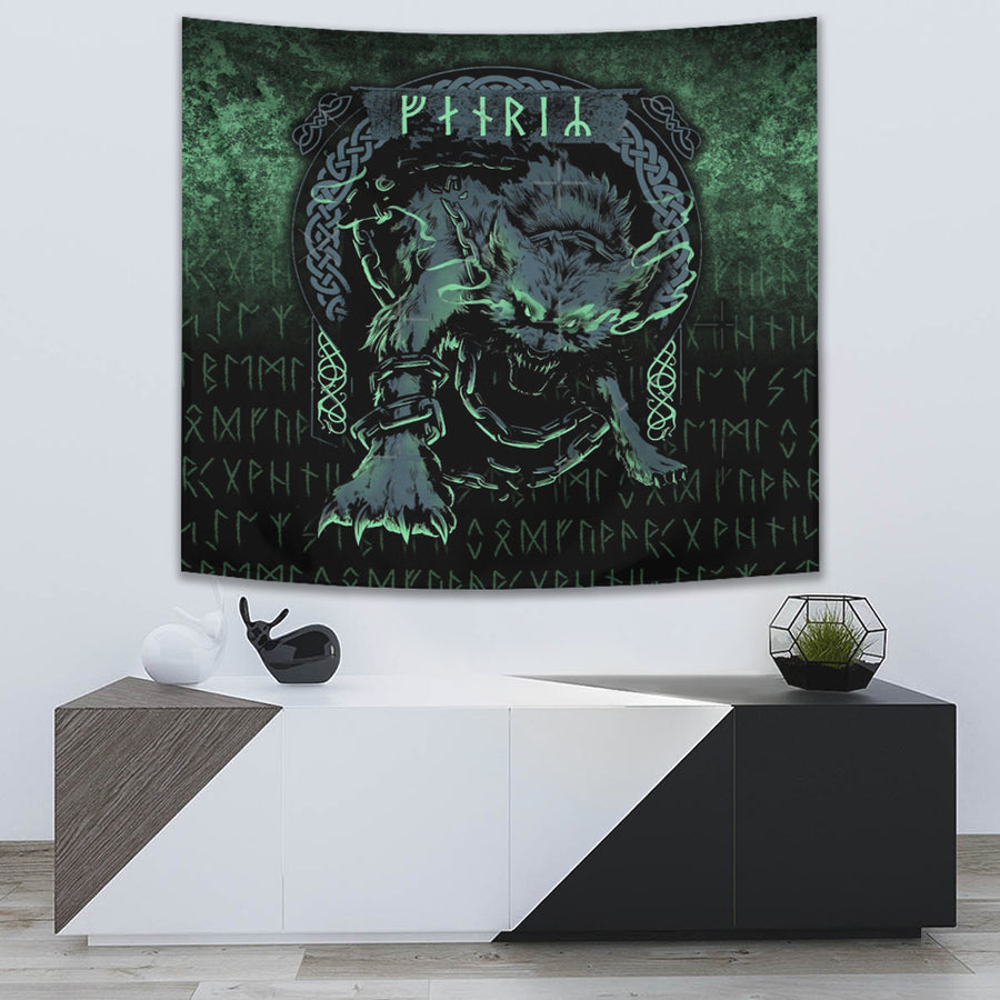 Ligerking Tapestry - Fenrir Wolf Norse Futhark Runes Viking Mythology Ragnarok Green Tapestry A7
