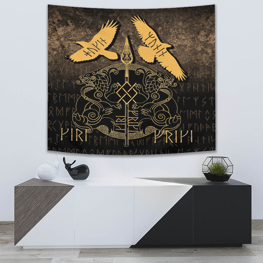 Ligerking Tapestry - Norse Mythology Spear of Odin Gungnir Runes Geri Freki Huginn Muninn Tapestry A7