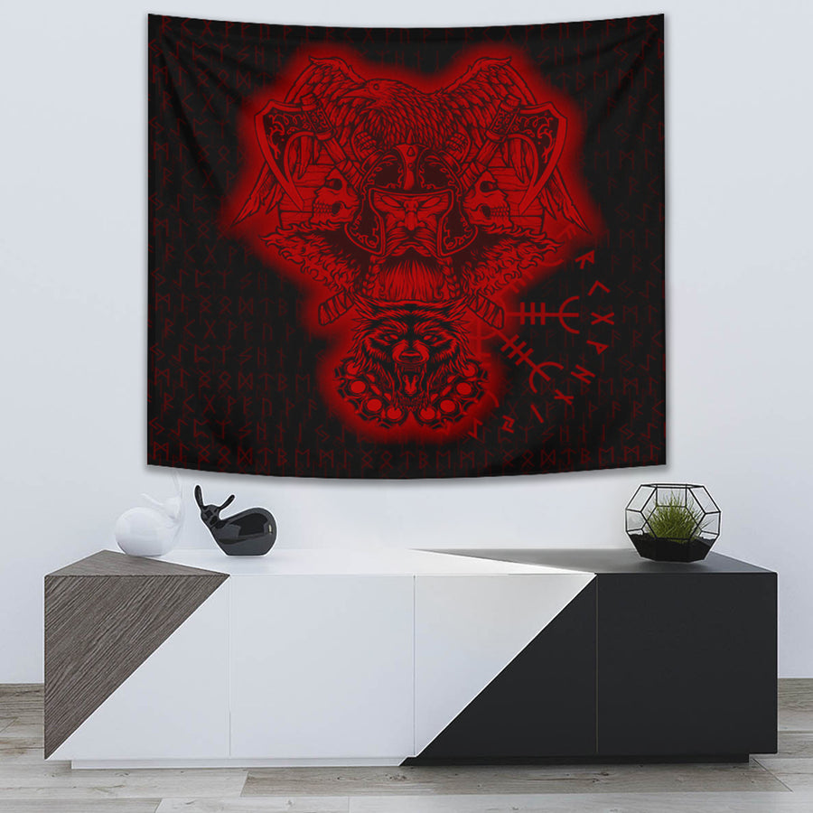 Ligerking Tapestry -Odin And Raven Wolf Red Viking Homeset Tapestry A95