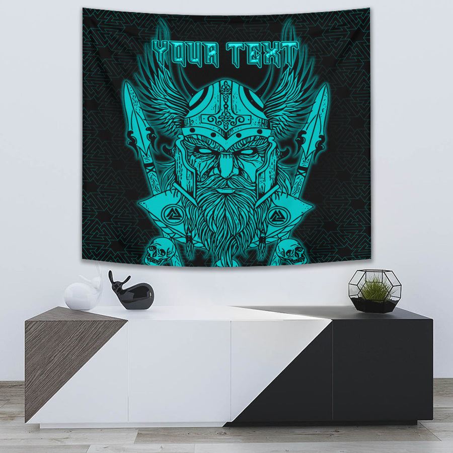 Ligerking Tapestry -Odin And Raven Turquoise Text Viking Homeset Tapestry A95