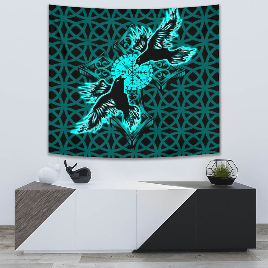 Ligerking Tapestry -Viking Raven Cross Turquoise Tapestry A95