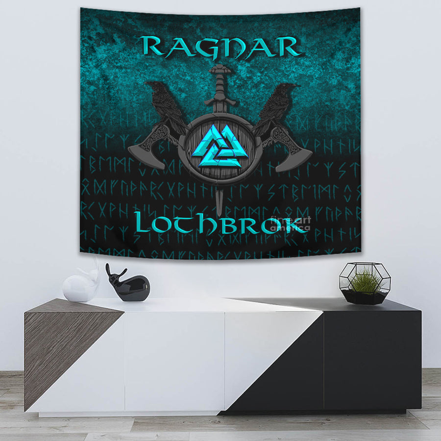 Ligerking Tapestry - Ragnar Lothbrok - Ragnar Lodbrok - Viking Warrior - Cyan Version Tapestry A7