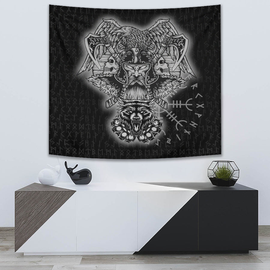 Ligerking Tapestry -Odin And Raven Wolf Viking Homeset Tapestry A95