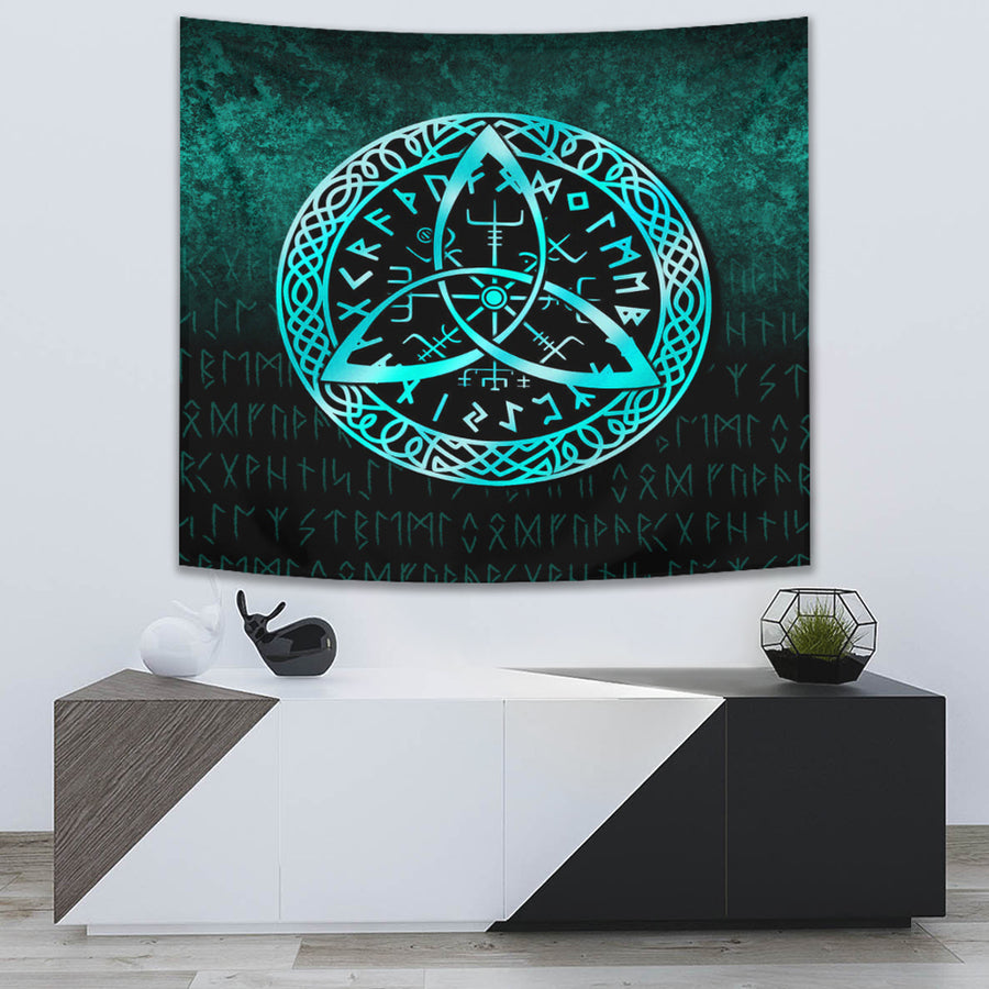 Ligerking Tapestry - Vegvisir Nordic Viking Rune - Cyan Version Tapestry A7