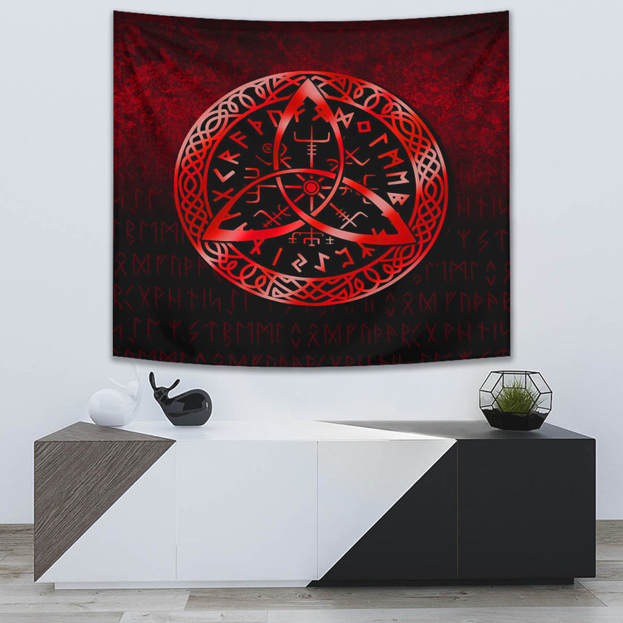 Ligerking Tapestry - Vegvisir Nordic Viking Rune - Red Version Tapestry A7