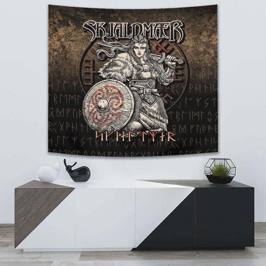 Ligerking Tapestry - Skjaldmaer Shieldmaiden Norse Younger Futhark Runes Female Viking Warrior Vegvisir Tapestry A7