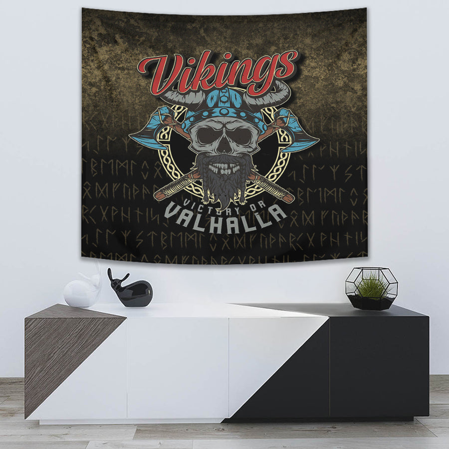 Ligerking Tapestry - Vikings-Victory-or-Valhalla-Skull-With-Crossed- Axe Tapestry A7