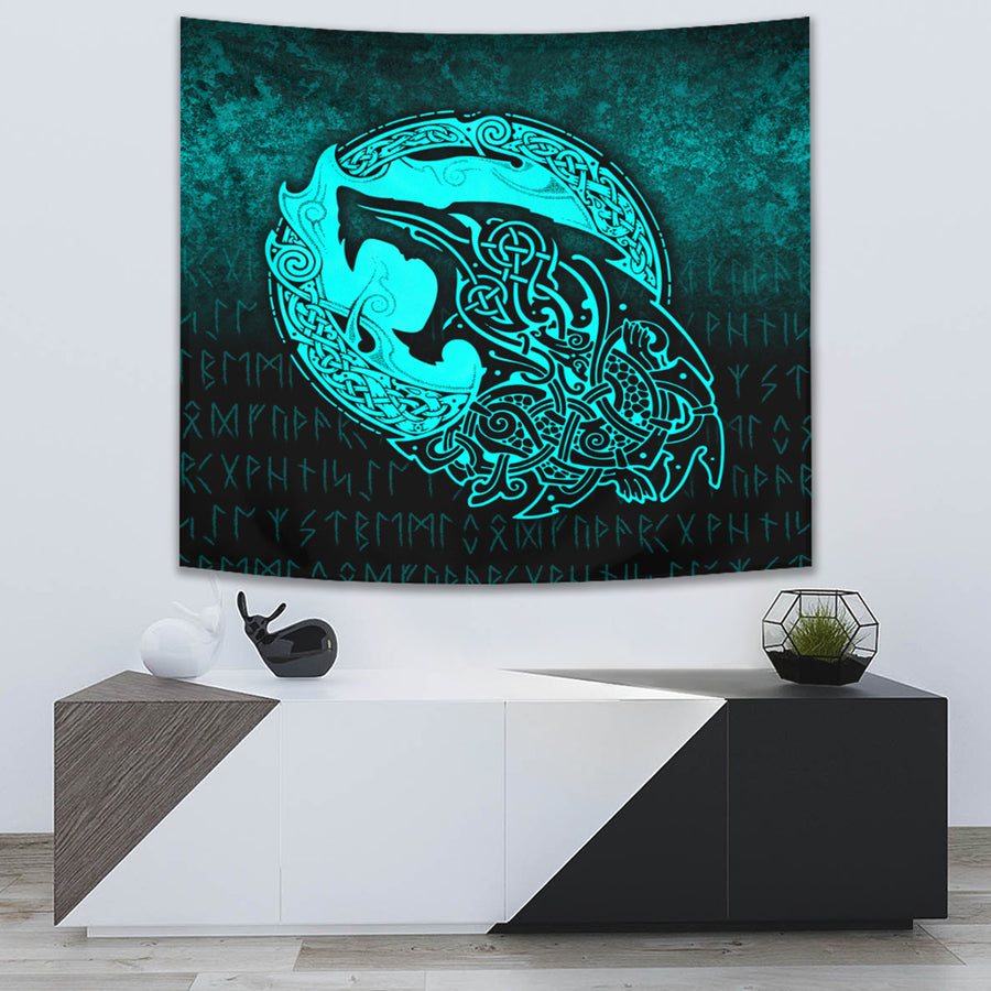 Ligerking Tapestry - Fenrir Viking 3D Tattoo - Cyan Version Tapestry A7