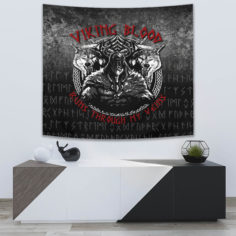 Ligerking Tapestry - Odin Geri And Freki Wolfs Viking Blood Runs Through My Veins Tapestry A7