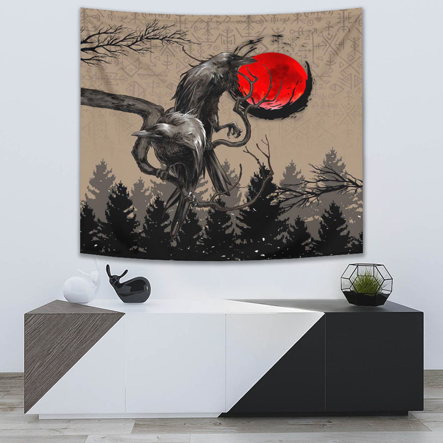 Ligerking Tapestry - Viking Huginn and Muninn Raven on Tree Branch and Blood Moon Tapestry A35