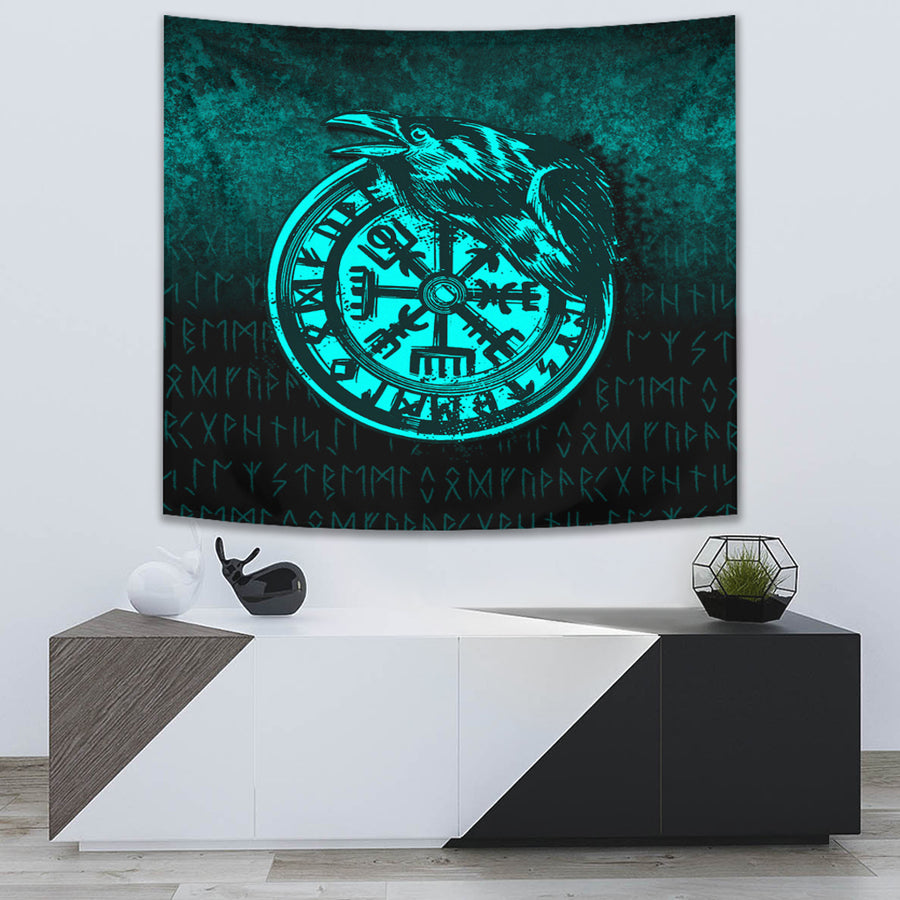 Ligerking Tapestry - Viking Vegvisir Rune with Crow - Cyan Version Tapestry A7
