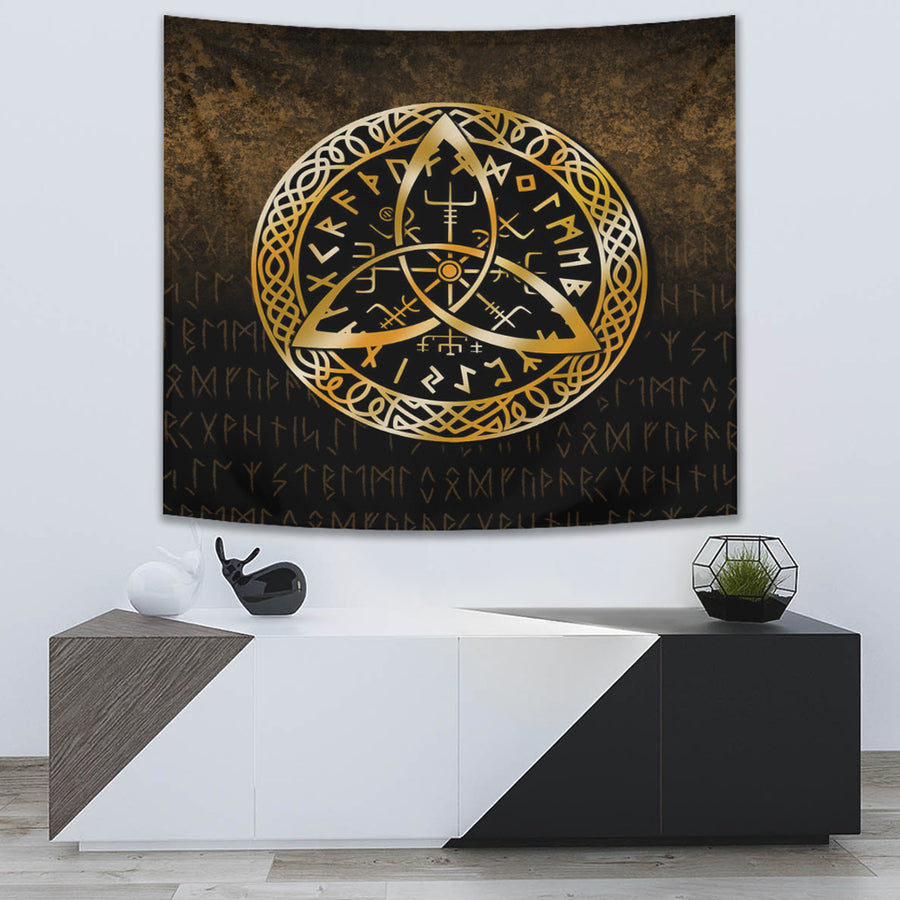Ligerking Tapestry - Vegvisir Nordic Viking Rune - Gold Version Tapestry A7