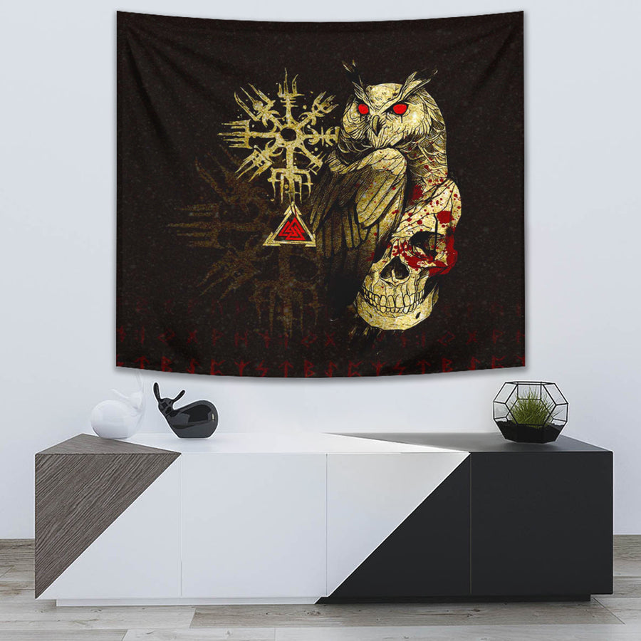 Ligerking Tapestry -Viking Owl Skull Blood Gold Style Tapestry A94