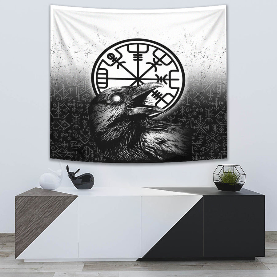 Ligerking Tapestry - Viking Raven Black and White Vegvisir Tapestry A35