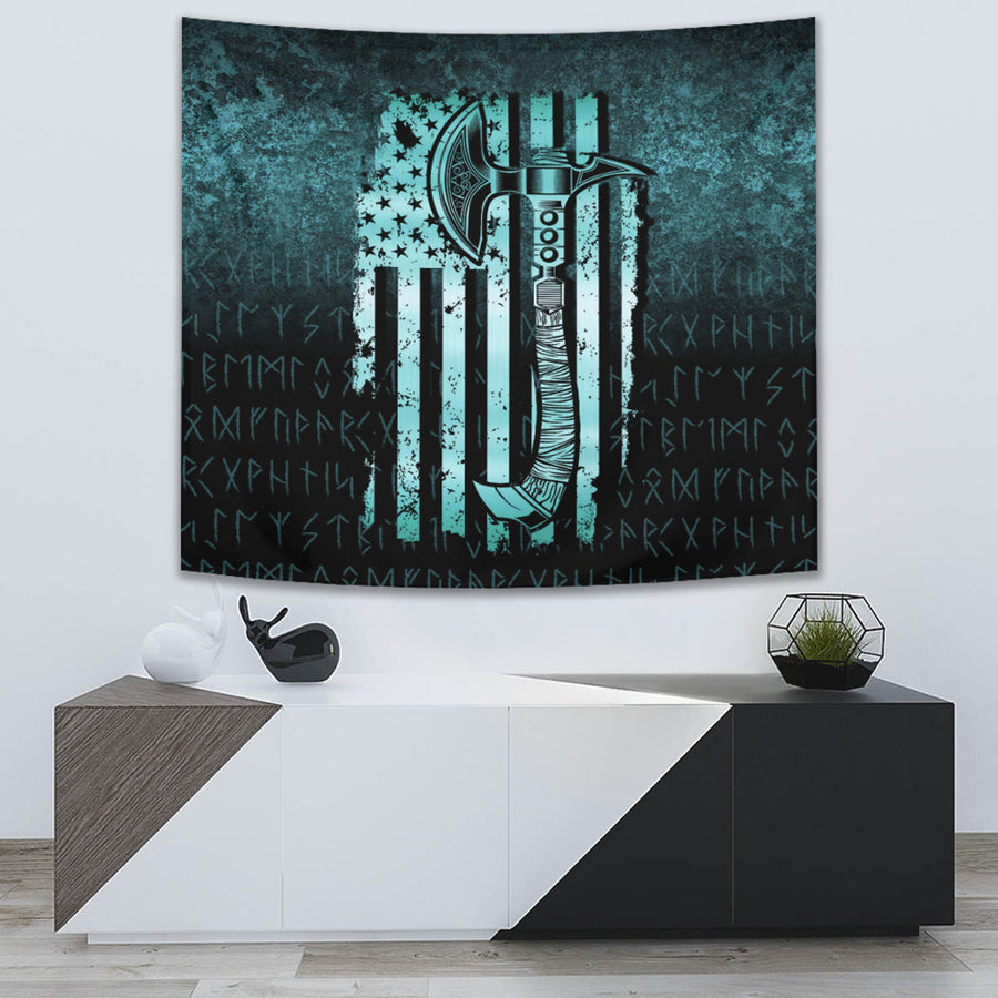 Ligerking Tapestry - USA Flag Viking Cool American Norsemen - Cyan Version Tapestry A7