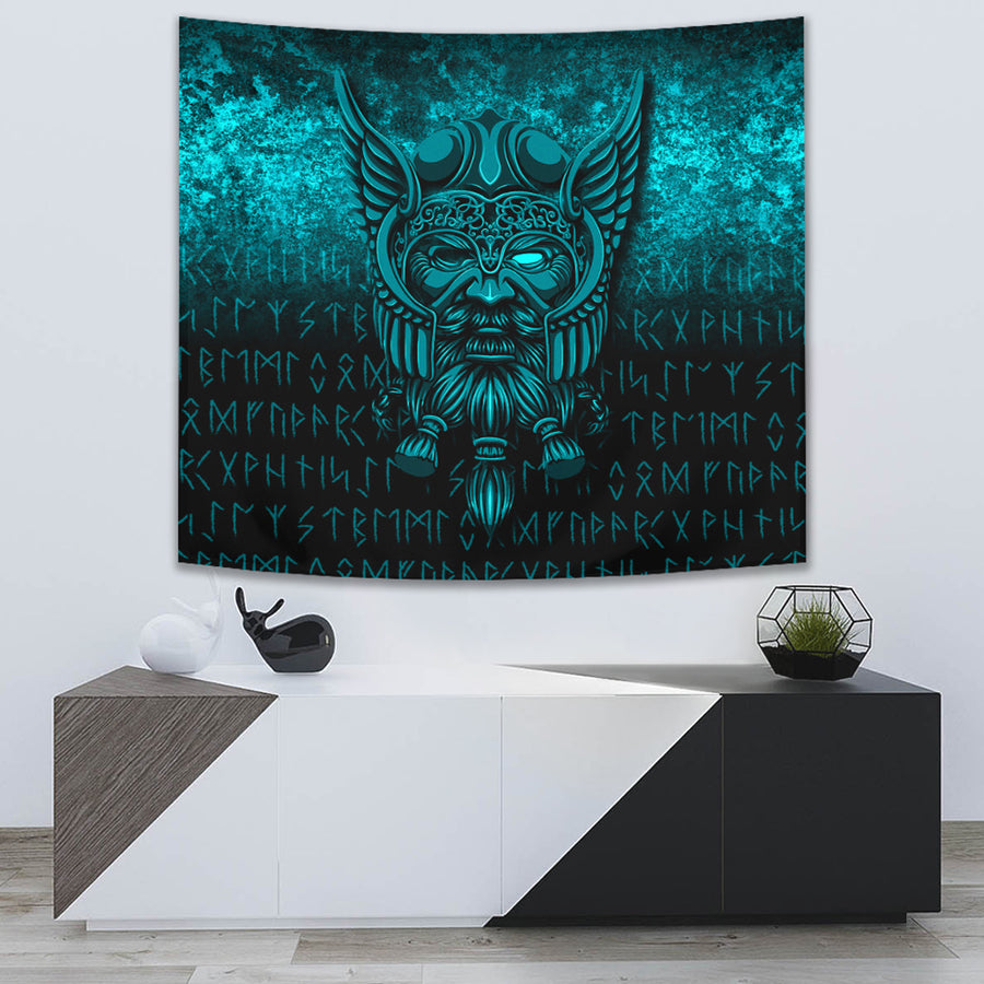 Ligerking Tapestry - Viking Odin Allfather In Asgard - Cyan Version Tapestry A7